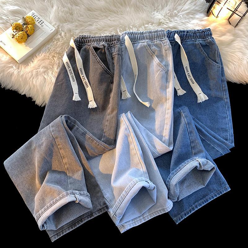 Straight Leg Jeans Young Men'S Hong Kong-Style Loose Casual Light Color Pants Student'S Micro-Elastic Elastic Waist Washed Cropped Pants - Image 5